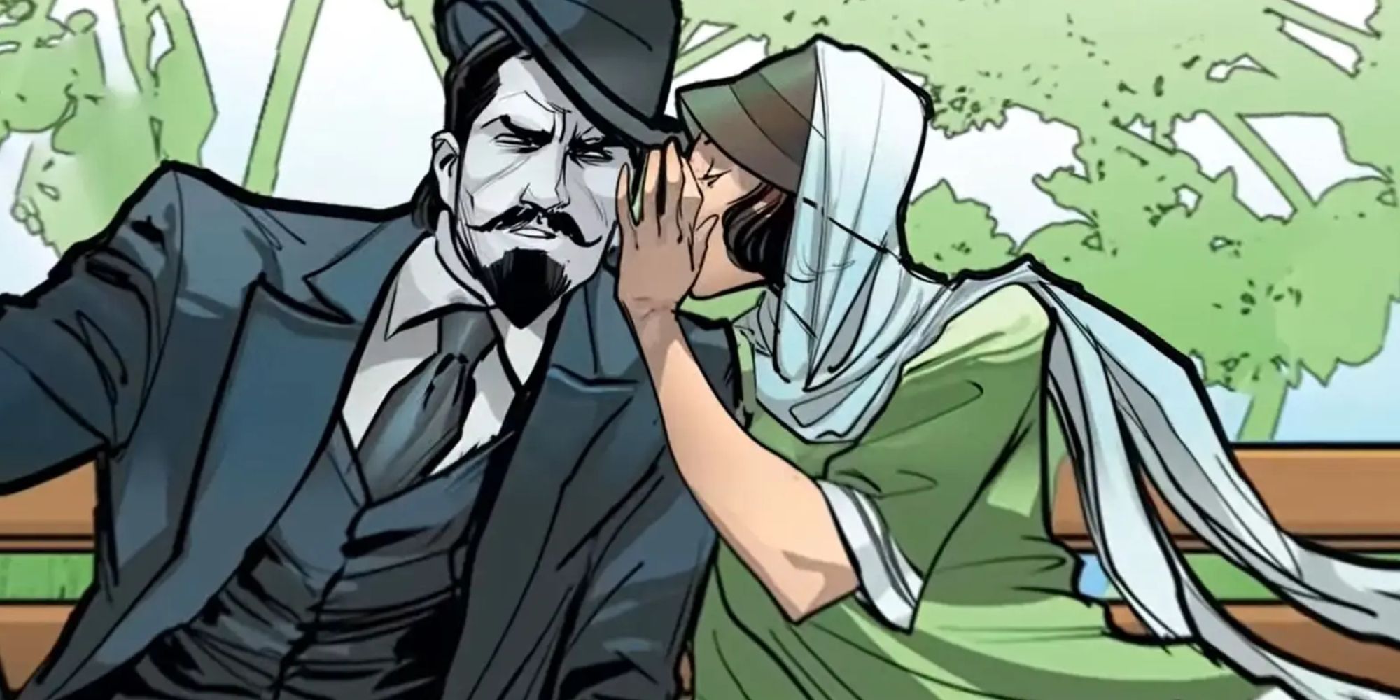 Moira X whispers to Mr. Sinister in Marvel Comics.