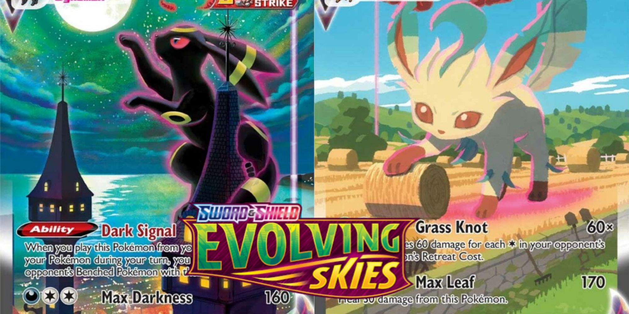 A split image of VMAX Umbreon's alt art secret and VMAX Leafeon's alt art secret - Pokemon TCG: Evolving Skies.