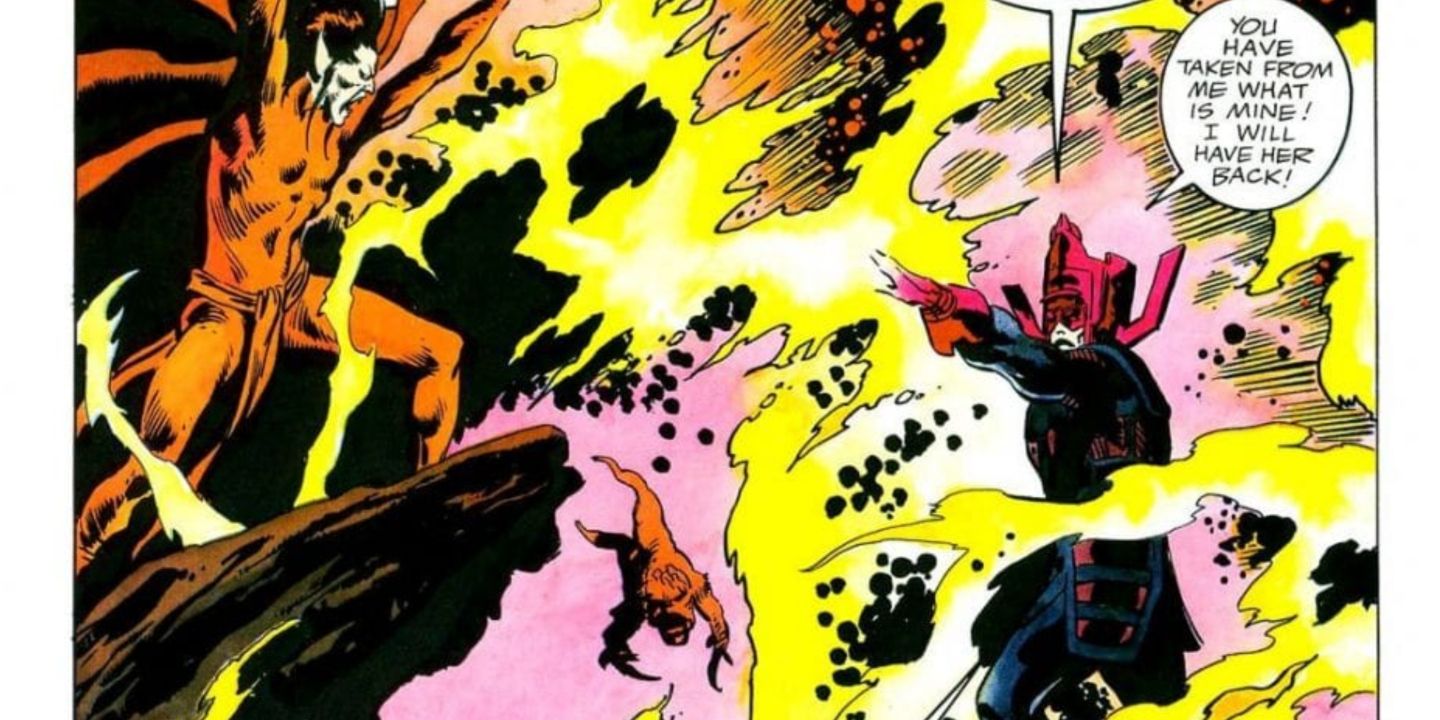 Mephisto luta com Galactus na Marvel Comics.
