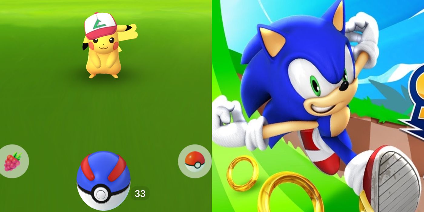 Pikachu waits expectantly to be caught in a Pokeball, and Sonic dashes through Green Hill Zone.