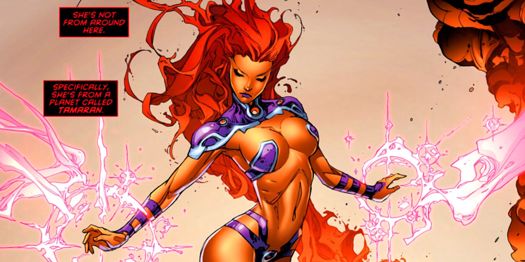 Starfire appears in DC Comics in her New 52 costume.