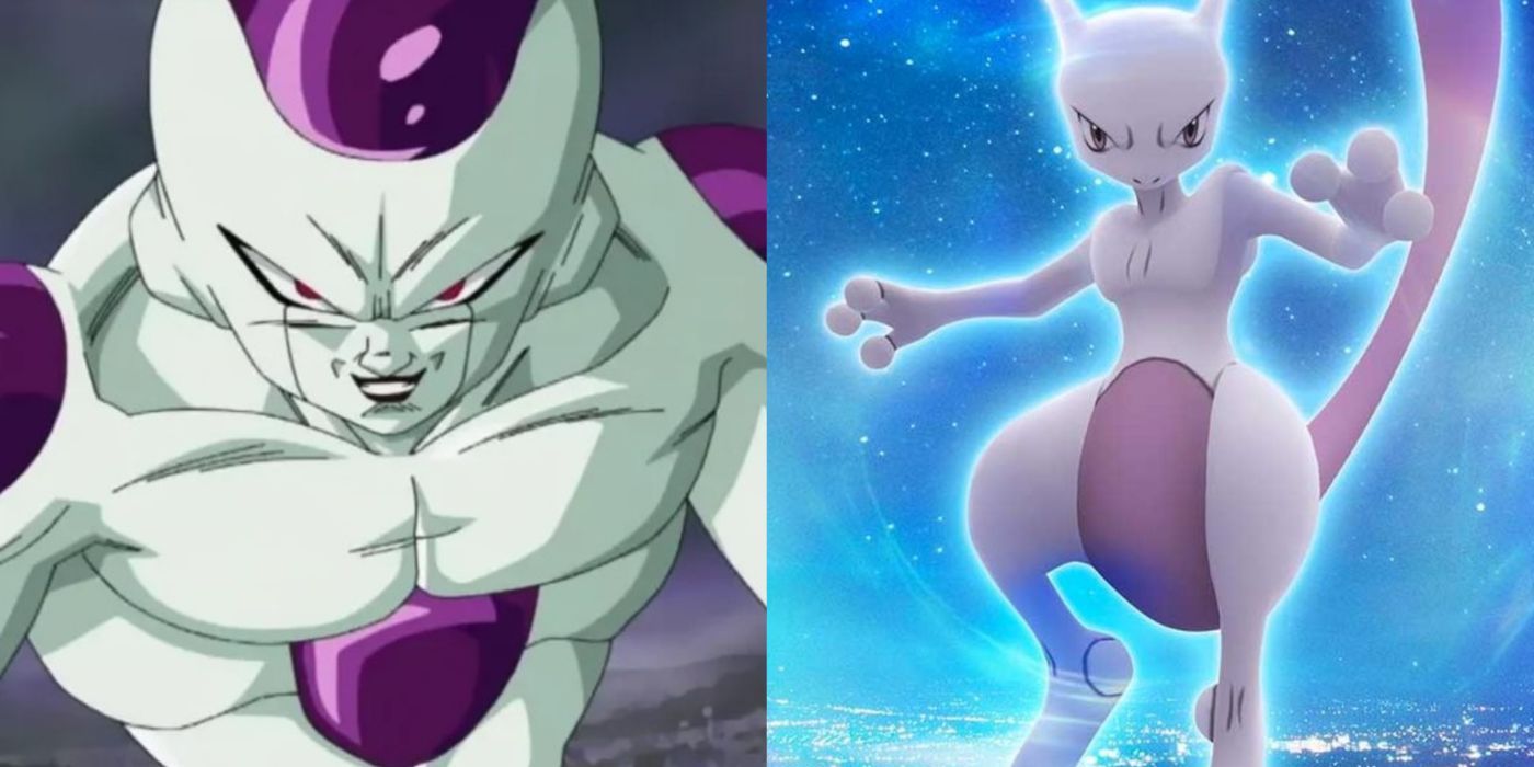 A split image of Frieza from Dragon Ball Z and Mewtwo from Pokemon.