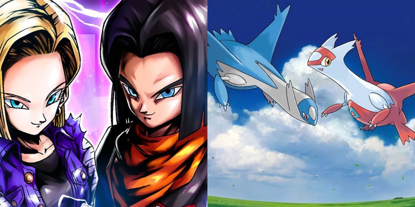 A split image of Androids 18 and 17 from Dragon Ball Z and Latios and Latias from Pokemon.
