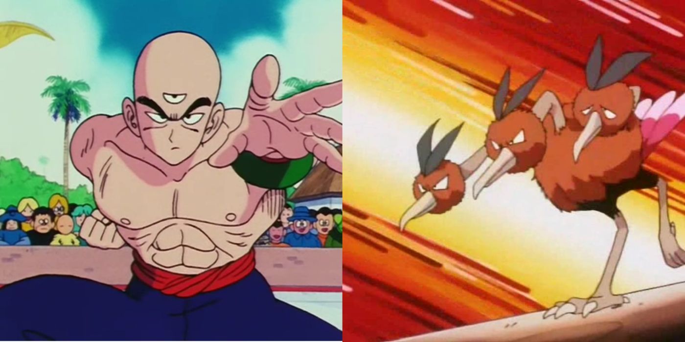 A split image of Tien from Dragon Ball and Dodrio from Pokemon.