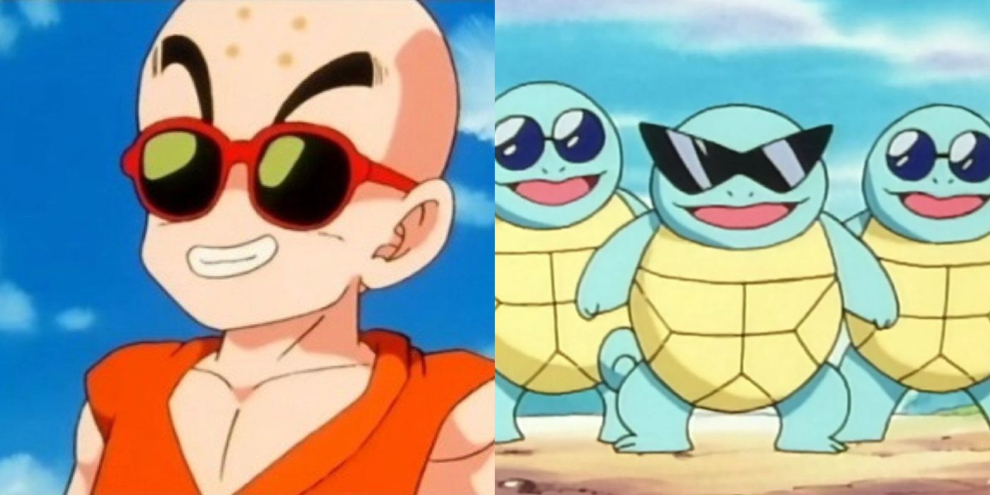 A split image of Krillin from Dragon Ball Z and Squirtle from Pokemon.