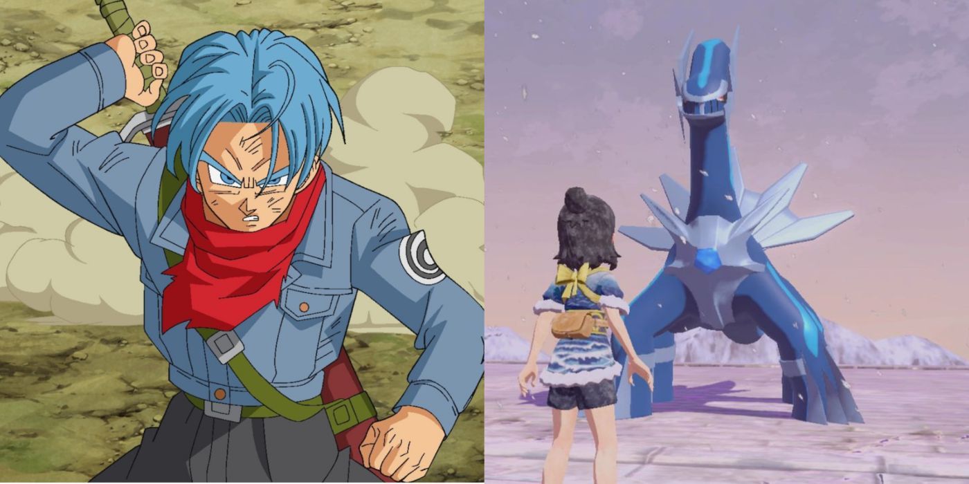 A split image of Future Trunks from Dragon Ball Super and Dialga from Pokemon.