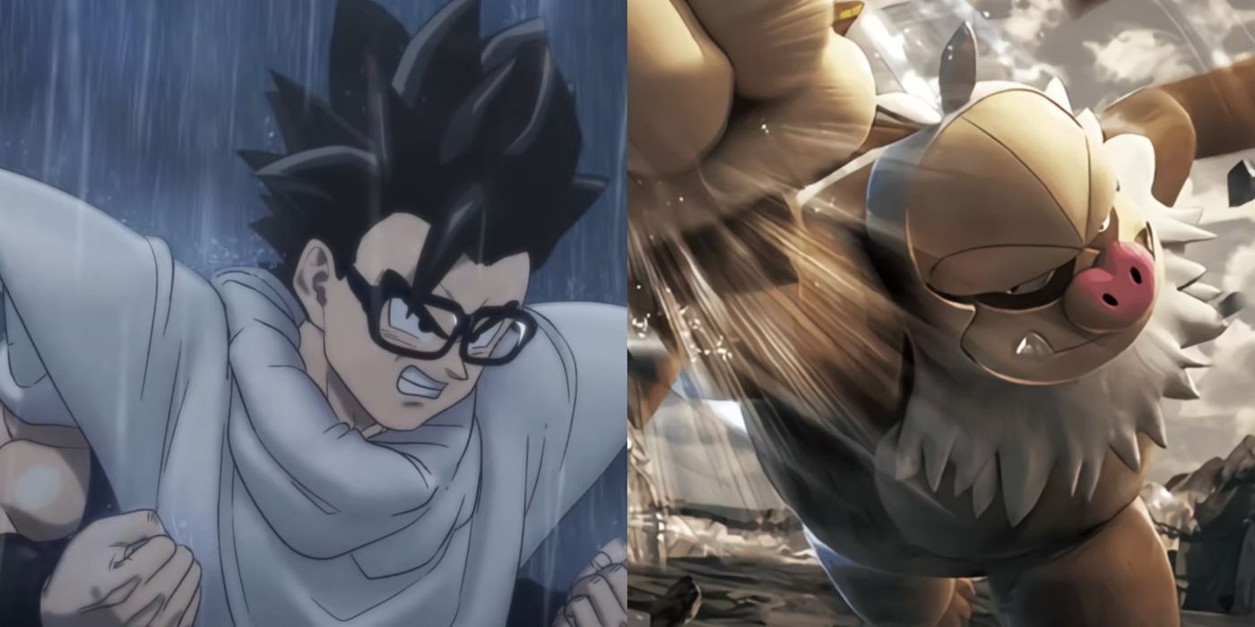 A split image of Gohan from Dragon Ball Super and Slaking from Pokemon.