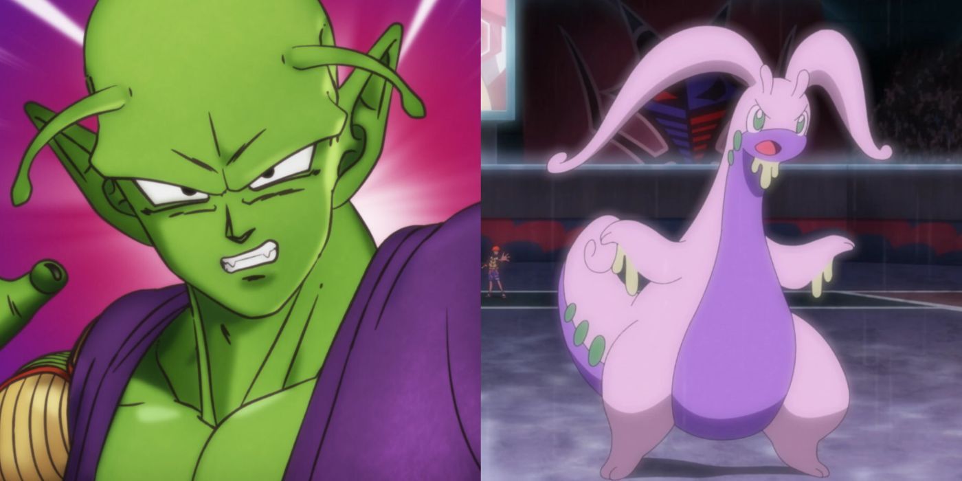 A split image of Piccolo from Dragon Ball Super and Goodra from Pokemon.
