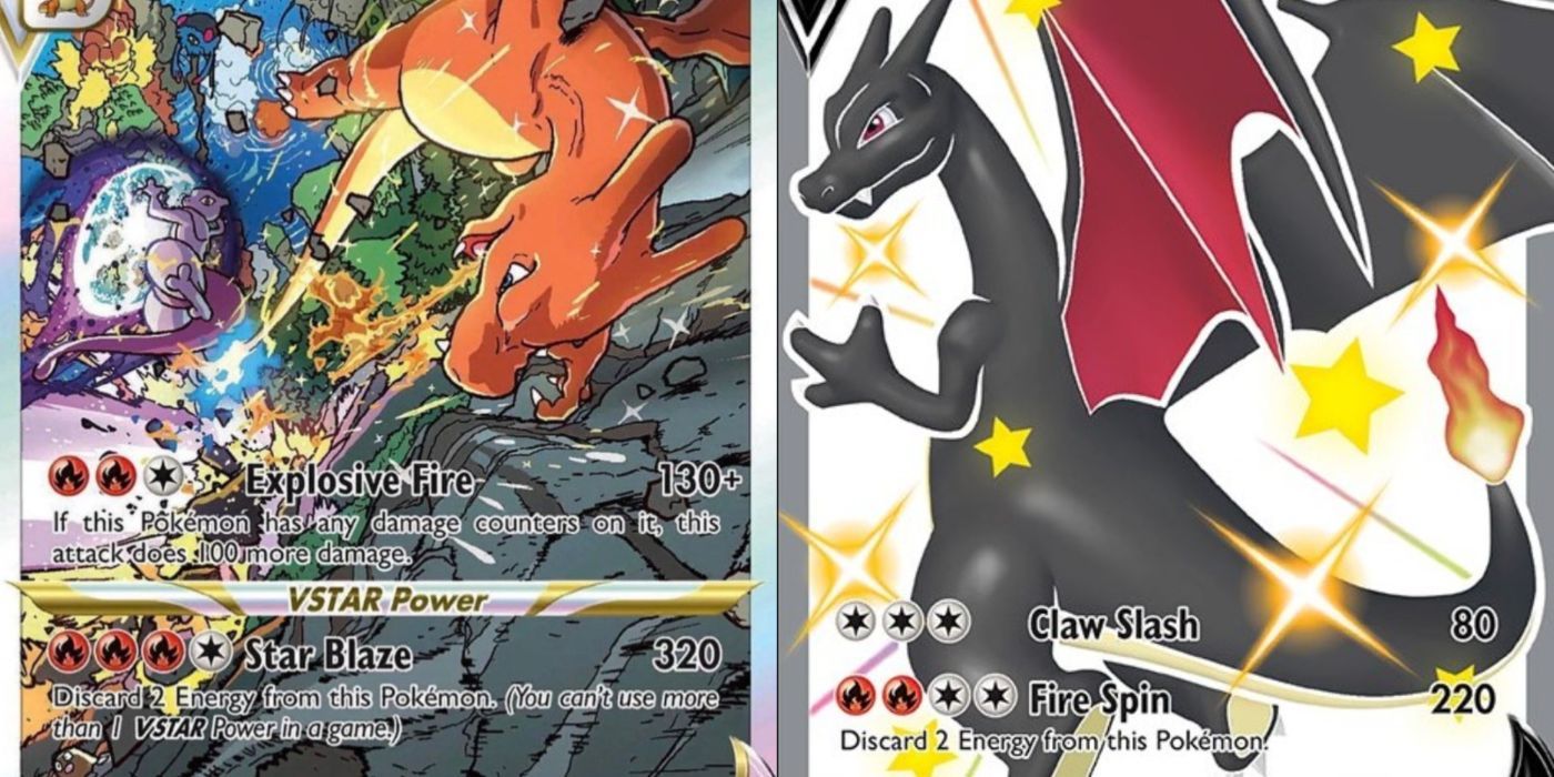 A split image of Charizard VSTAR from UPC Charizard and Charizard Secret Rare V from Champion&rsquo;s Path - Pokemon TCG: Sword and Shield.