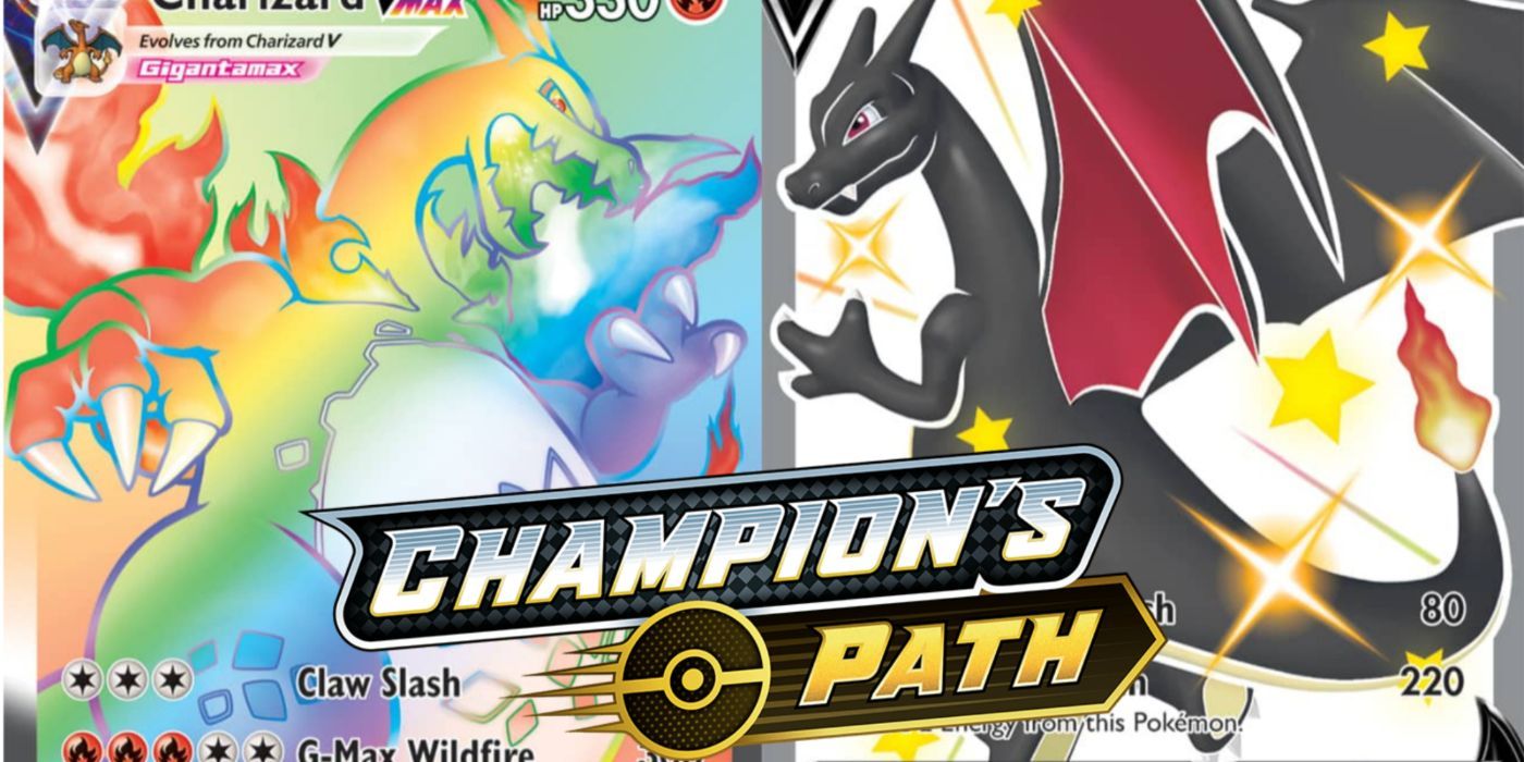 A split image of Charizard VMAX Secret and Charizard V Secret - Pokemon TCG: Champion&rsquo;s Path.