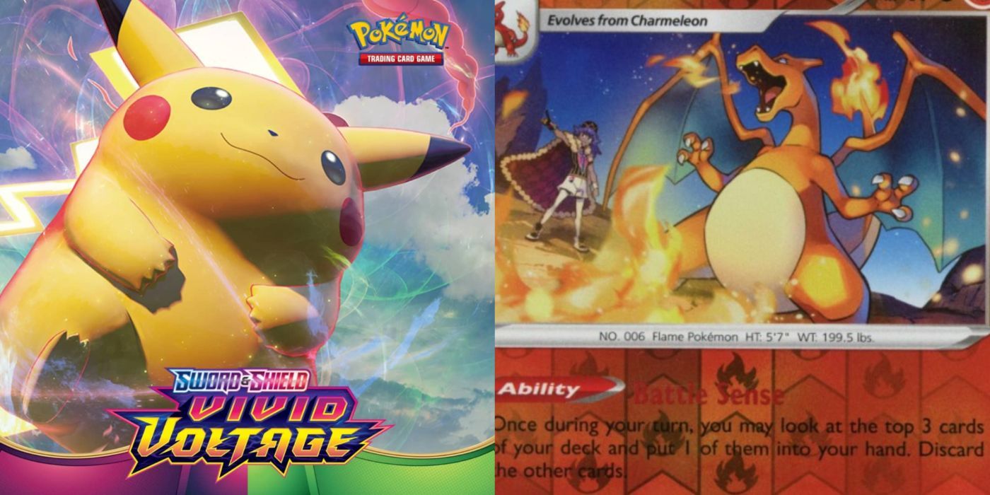 A split image of Pikachu and Charizard - Pokemon TCG: Vivid Voltage.