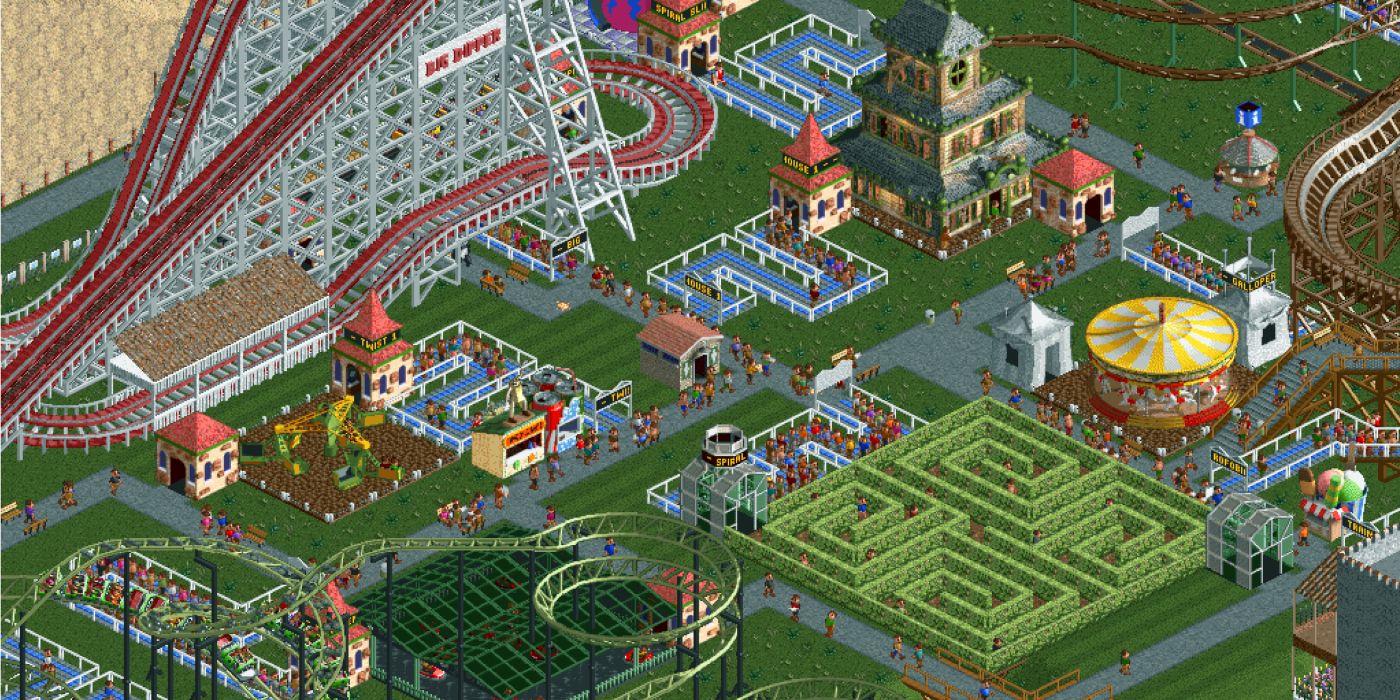 Une vue aérienne d'un parc à thème de Rollercoaster Tycoon 