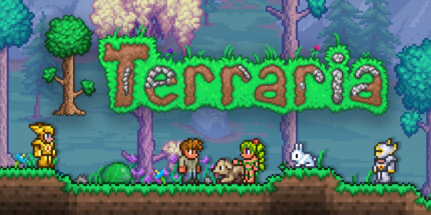 A title card for Terraria featuring the game's title and several of the characters.