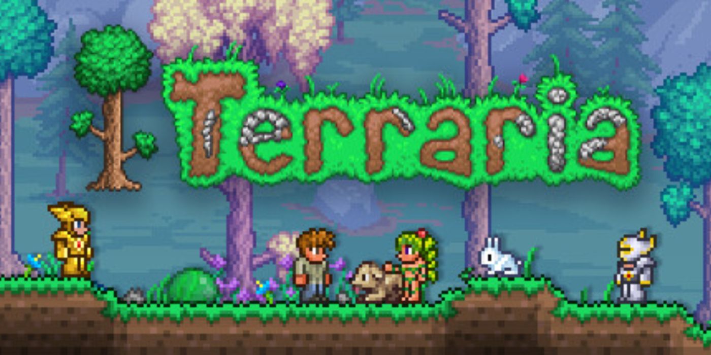 Um cartão de título para Terraria com o título do jogo e vários dos personagens.