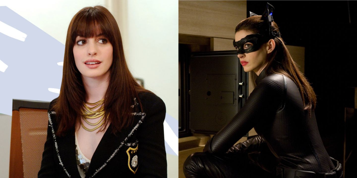 Split image of Anne Hathaway in The Devil Wears Prada and The Dark Knight Rises