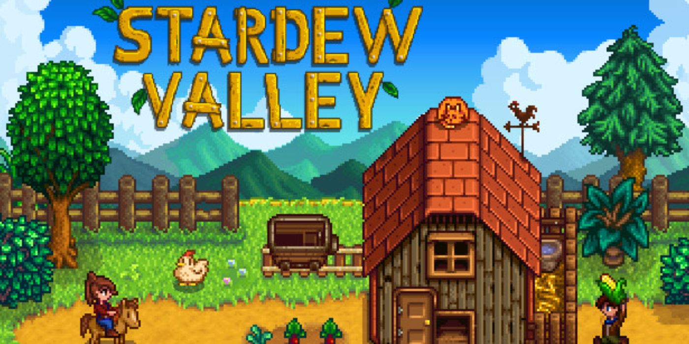 A character rides a horse to their house in the game Stardew Valley.