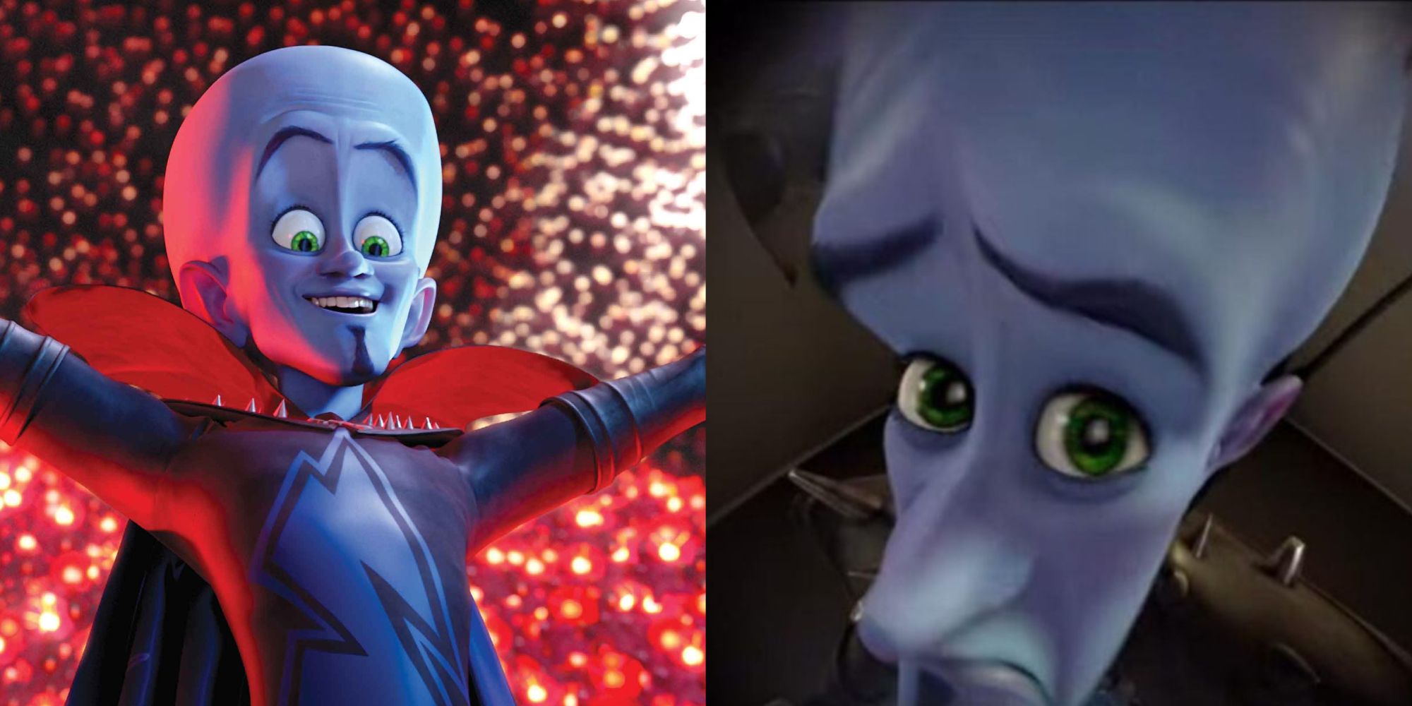 Megamind smiles while another version of himself frowns