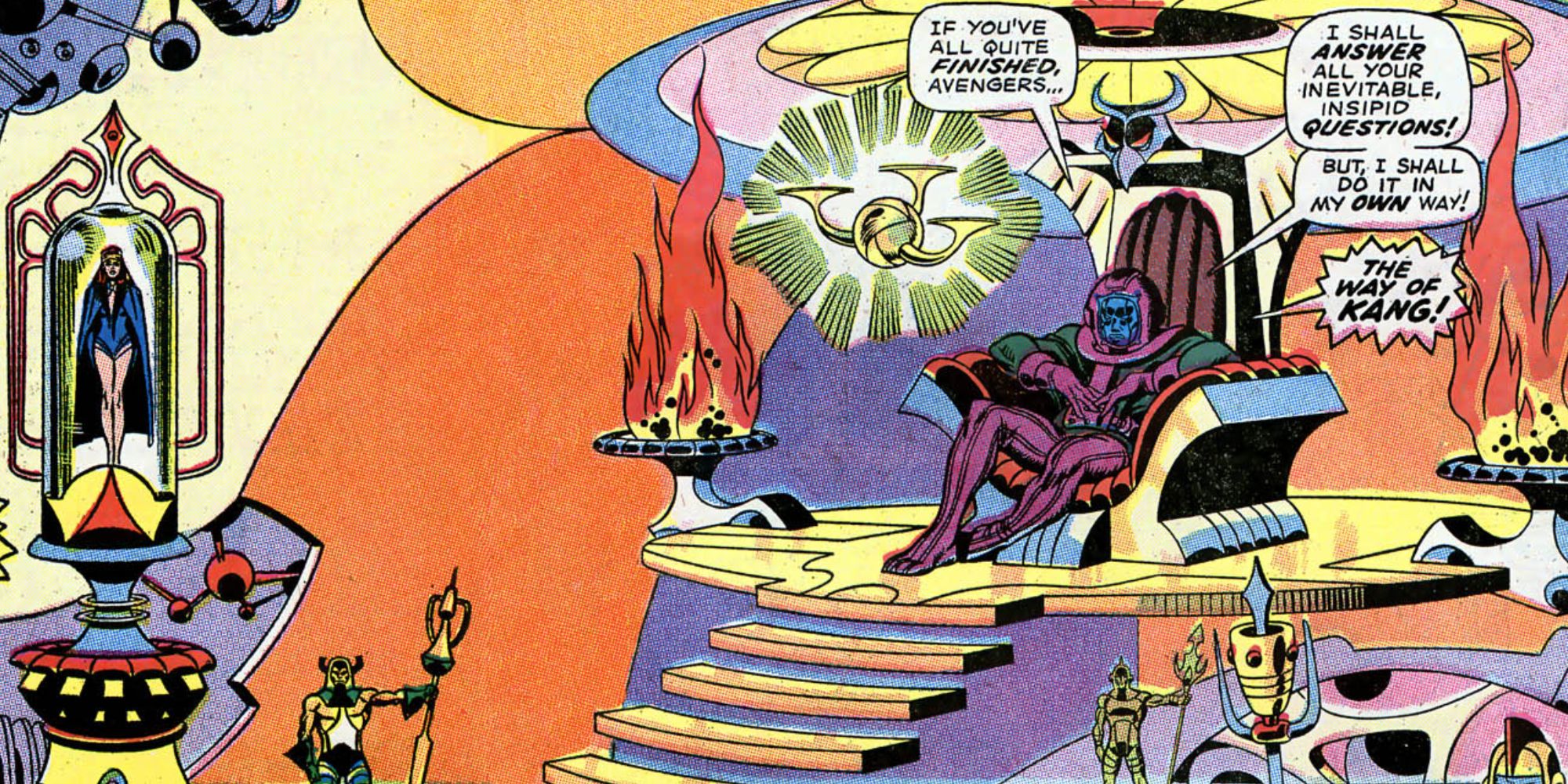Kang The Conqueror sits on his throne in Marvel Comics.