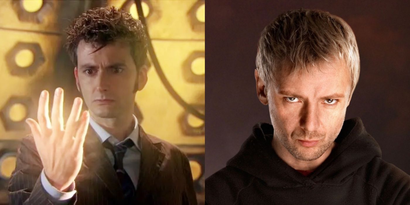 The Tenth Doctor starts to regenerate, and the Master glares menacingly in front of a brown background.
