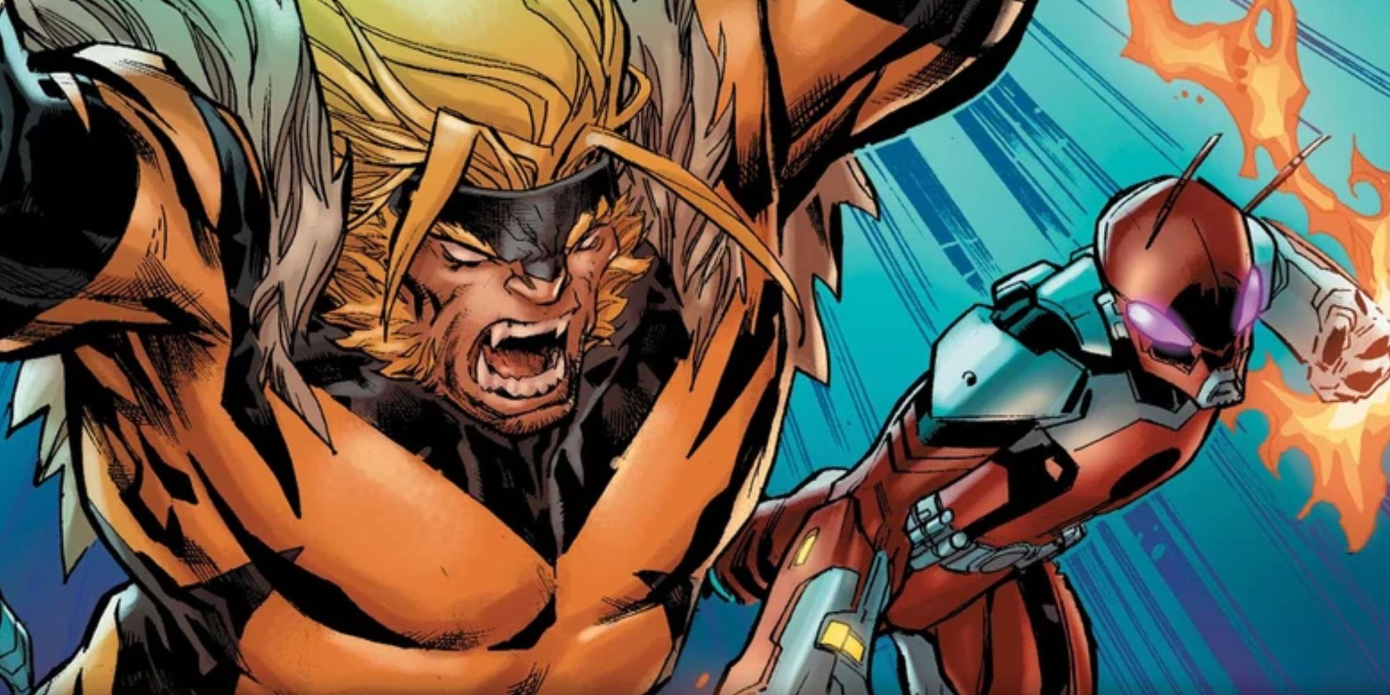 Sabretooth and Fire-Ant leap into battle in Heroes Reborn 2021 comic book.