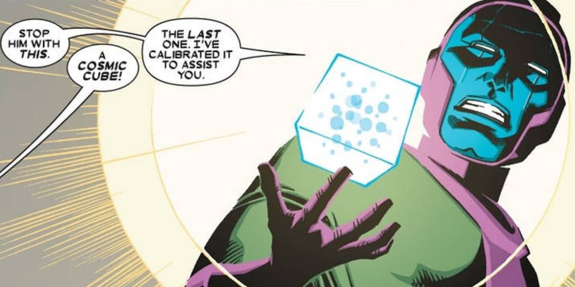 Kang The Conqueror wields the Cosmic Cube in Marvel Comics.