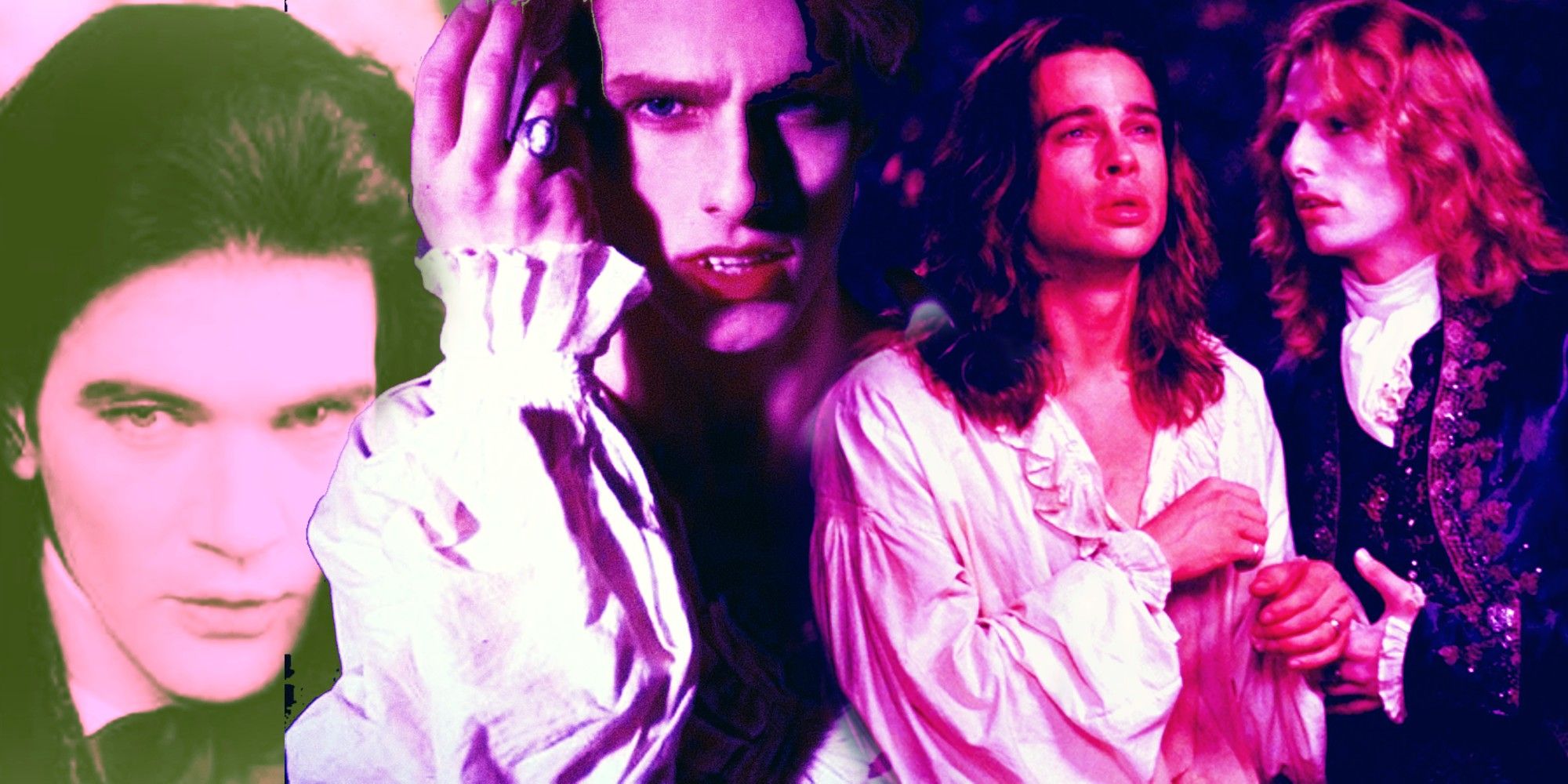 Collage of Antonio Banderas as Armand, Tom Cruise as Lestat, and Brad Pitt as Louis in Interview with the Vampire