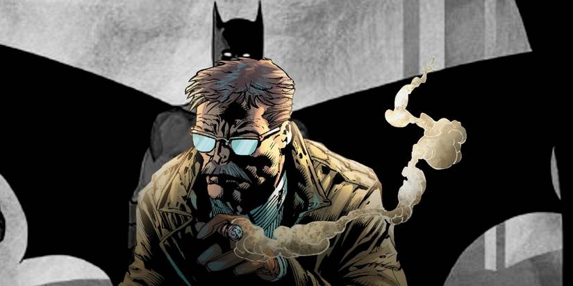 Jim Gordon holds a lit cigarette. Batman stands behind him. 