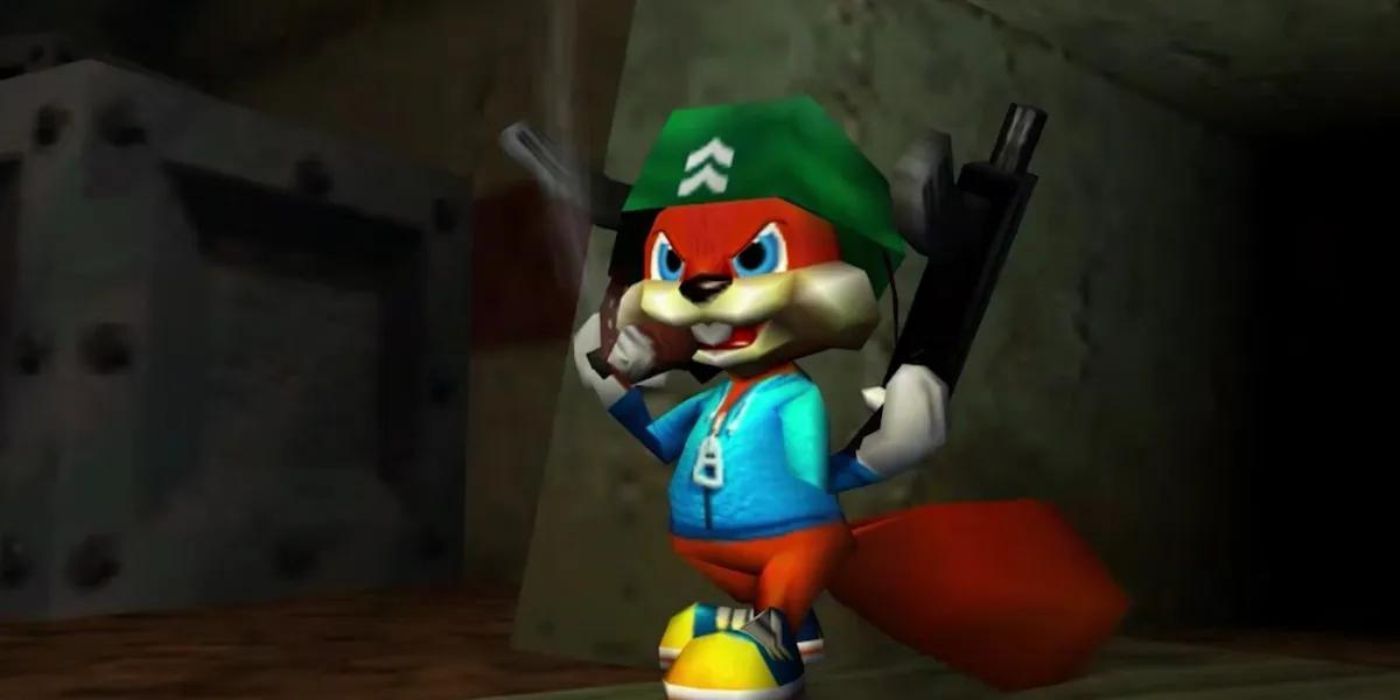 Conker in a army helmet with a pair of machine guns in Conker's Bad Fur Day