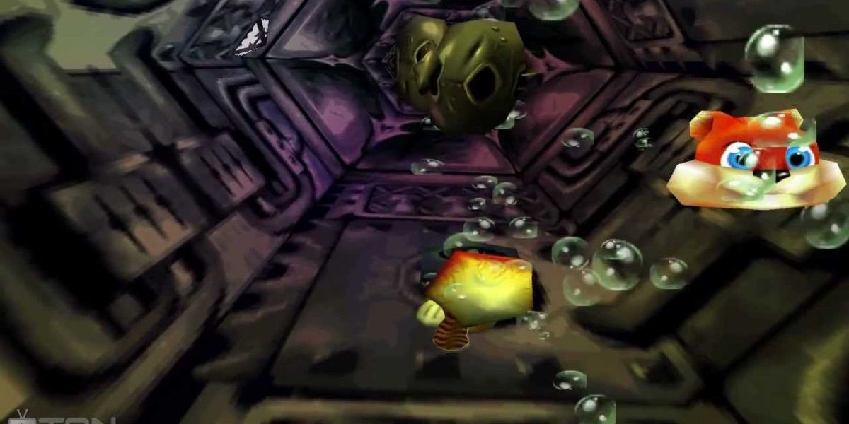 Conker swims in a tunnel from Conker's Bad Fur Day