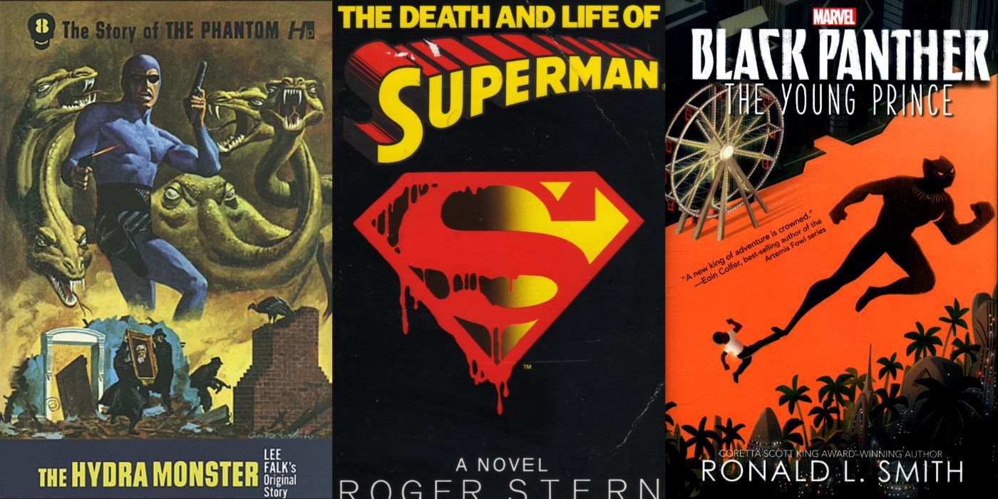 Covers of various superhero novels