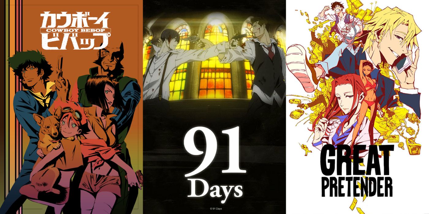 Split image of Cowboy Bebop, 91 Days, and Great Pretender anime key art.