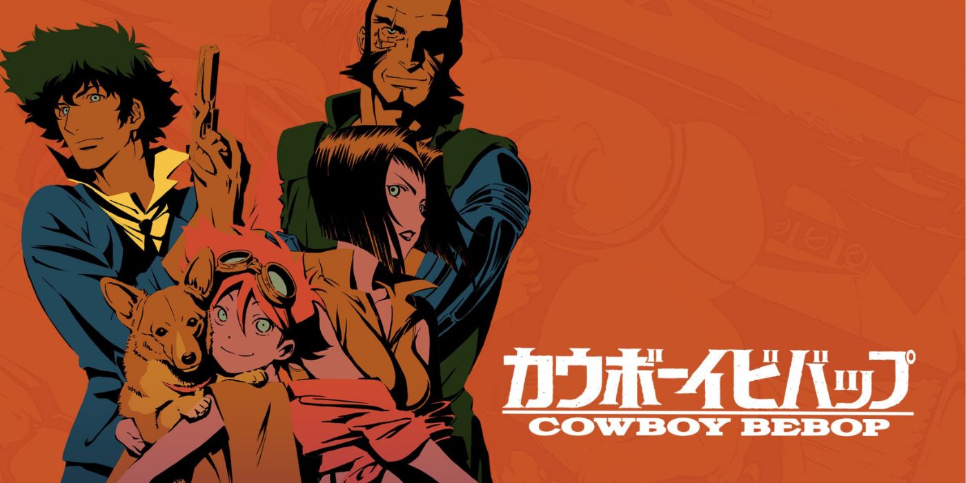 Arte chave do anime Cowboy Bebop com Spike, Ein, Ed, Faye e Jet.