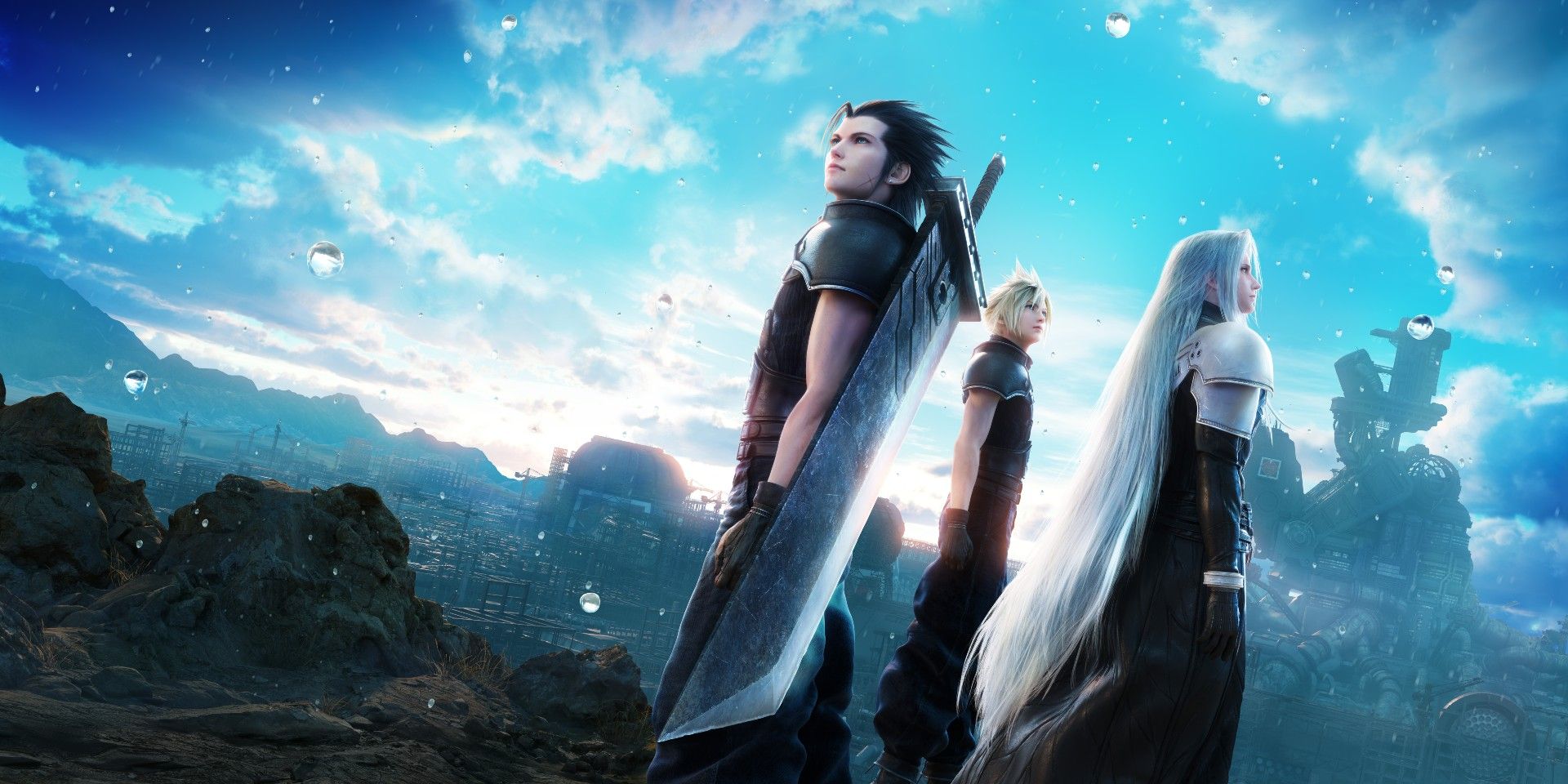 Três personagens examinam a paisagem em Final Fantasy VII Remake 