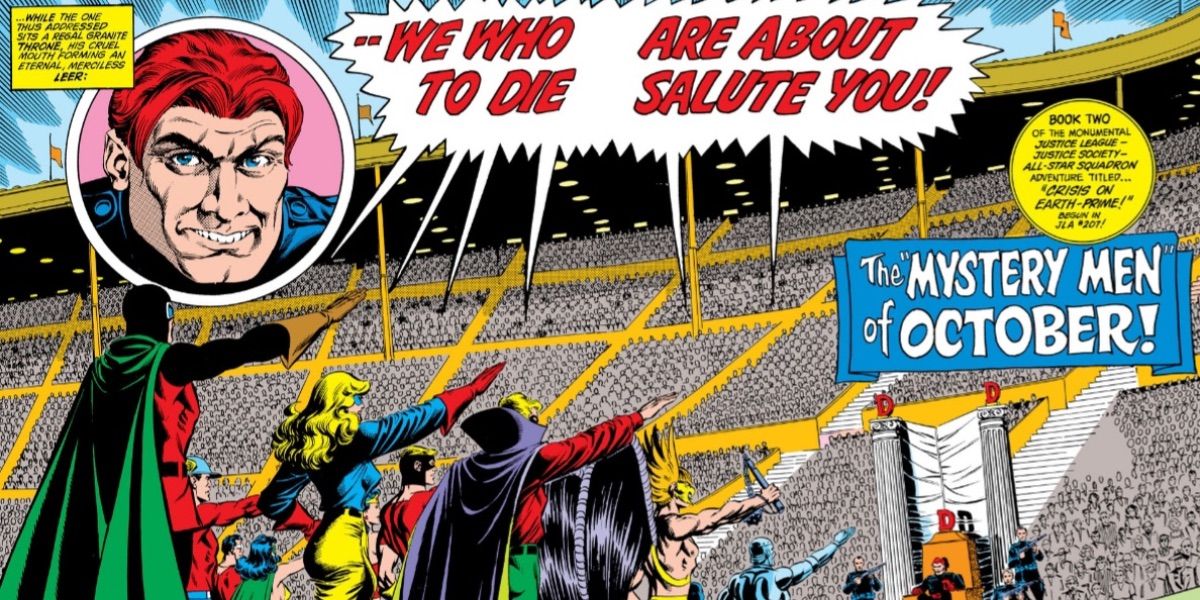 DC heroes stand in an arena from Crisis on Earth Prime