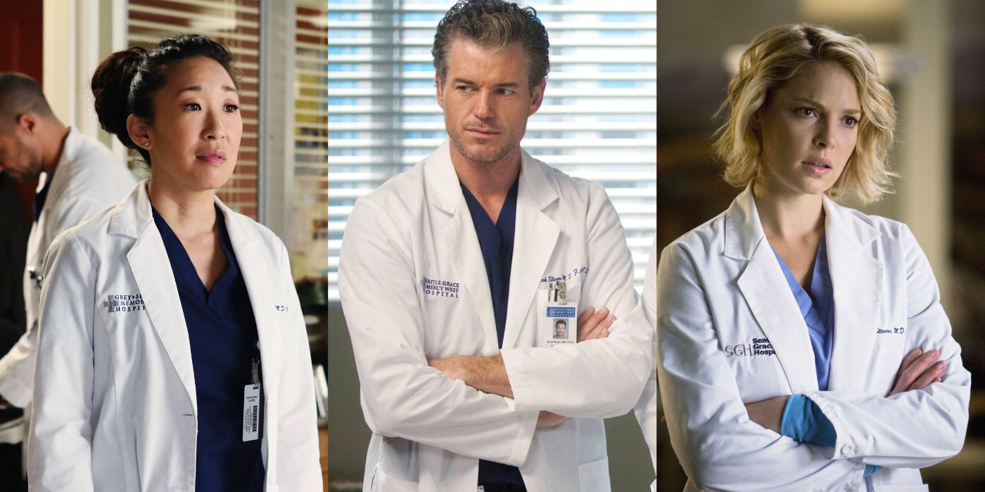 Split image of Grey's Anatomy's Cristina Yang, Mark Sloan, and Izzie Stevens all wearing blue scrubs and white lab coats