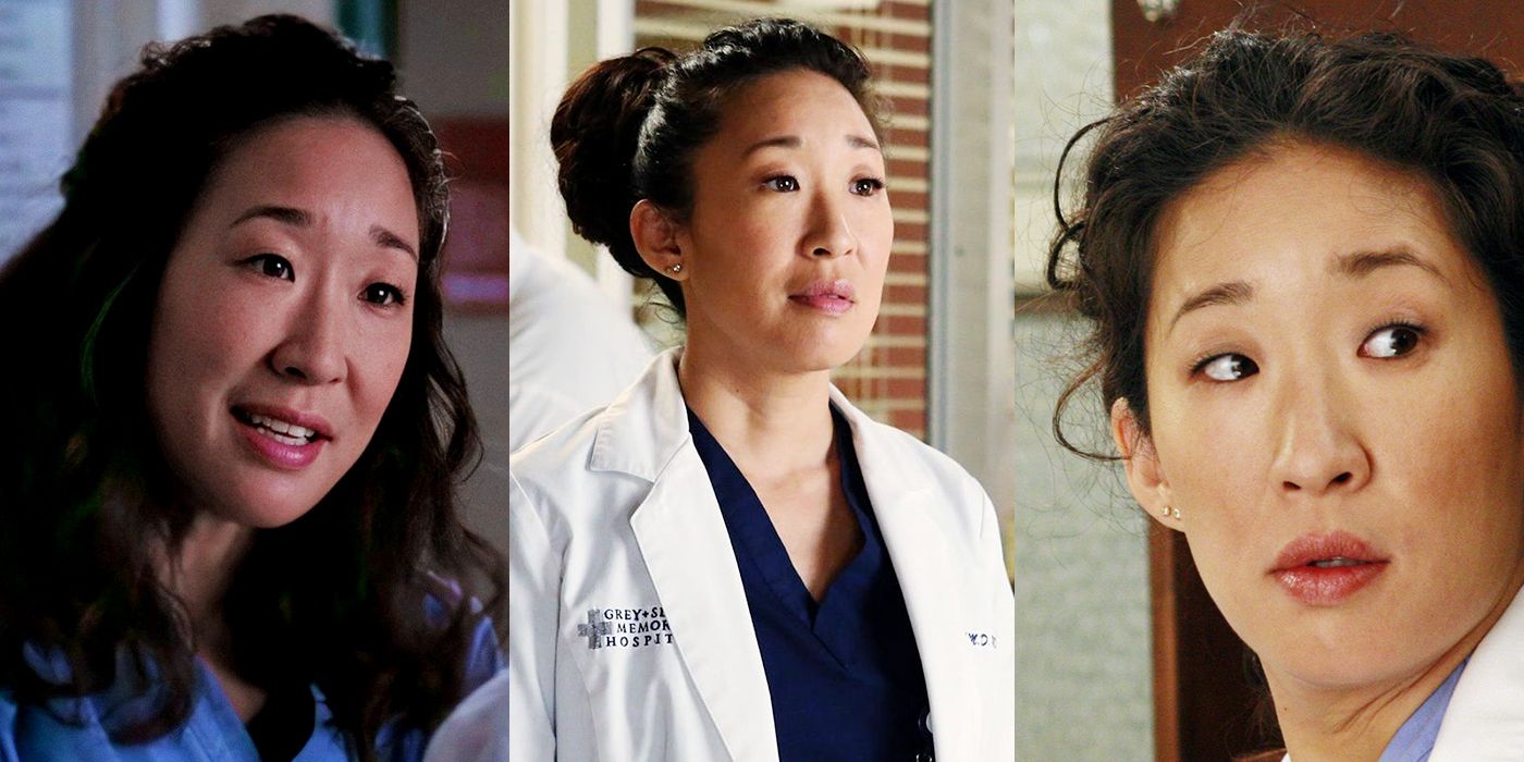 Split image of Cristina talking to someone, Cristina looking at someone in her white coat, and Cristina in her scrubs looking back.