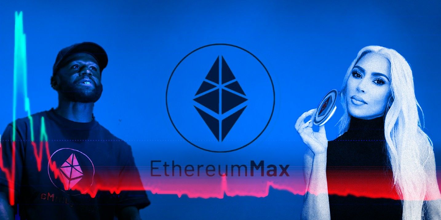 Fundo azul enevoado, centro do logotipo EthereumMax, Floyd Mayweather vestindo camisa EthereumMax à esquerda, Kim Kardashian à direita, gráfico EMAX sobreposto