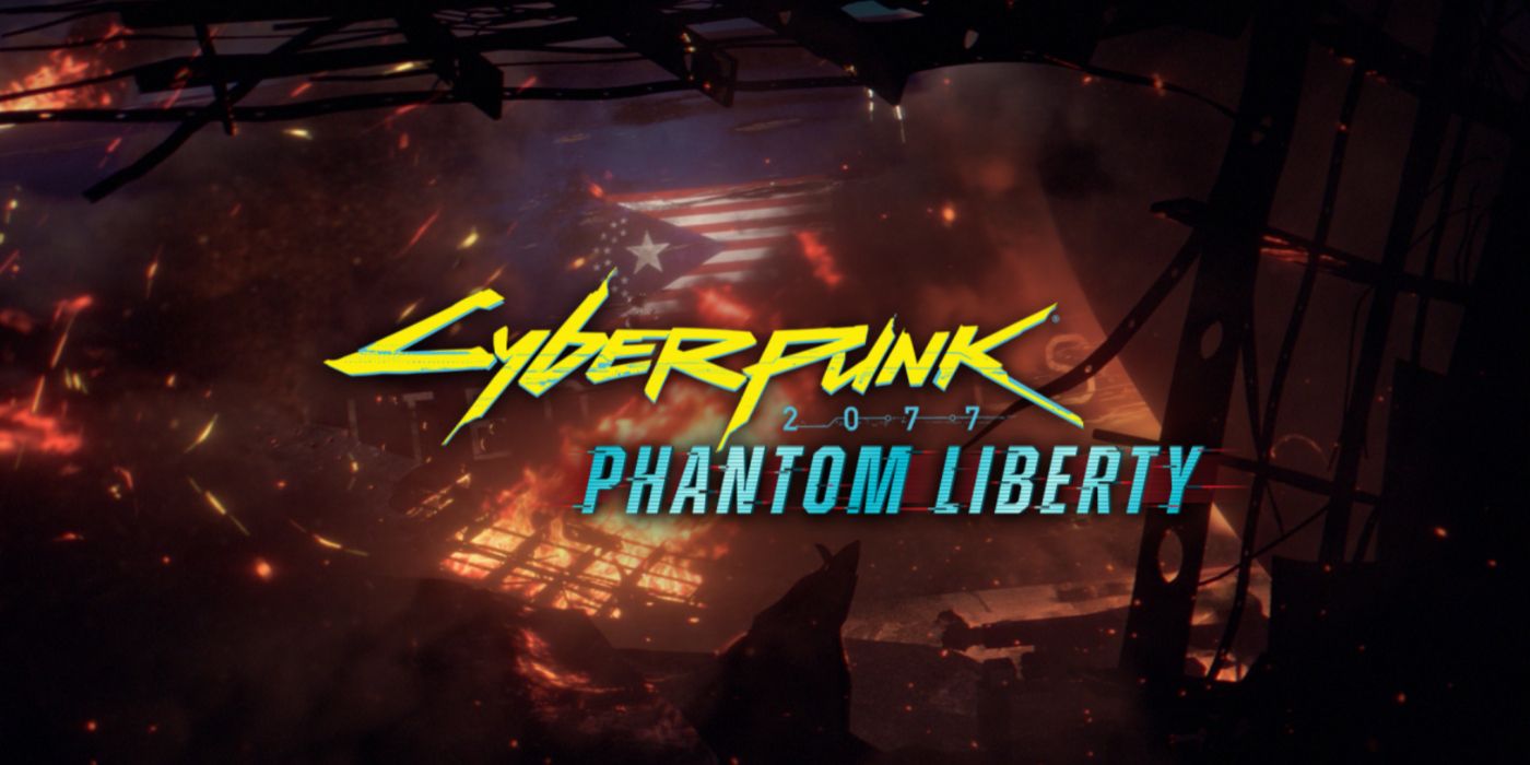 Cyberpunk 2077: Phantom Liberty DLC promo art con rottami in fiamme sullo sfondo.