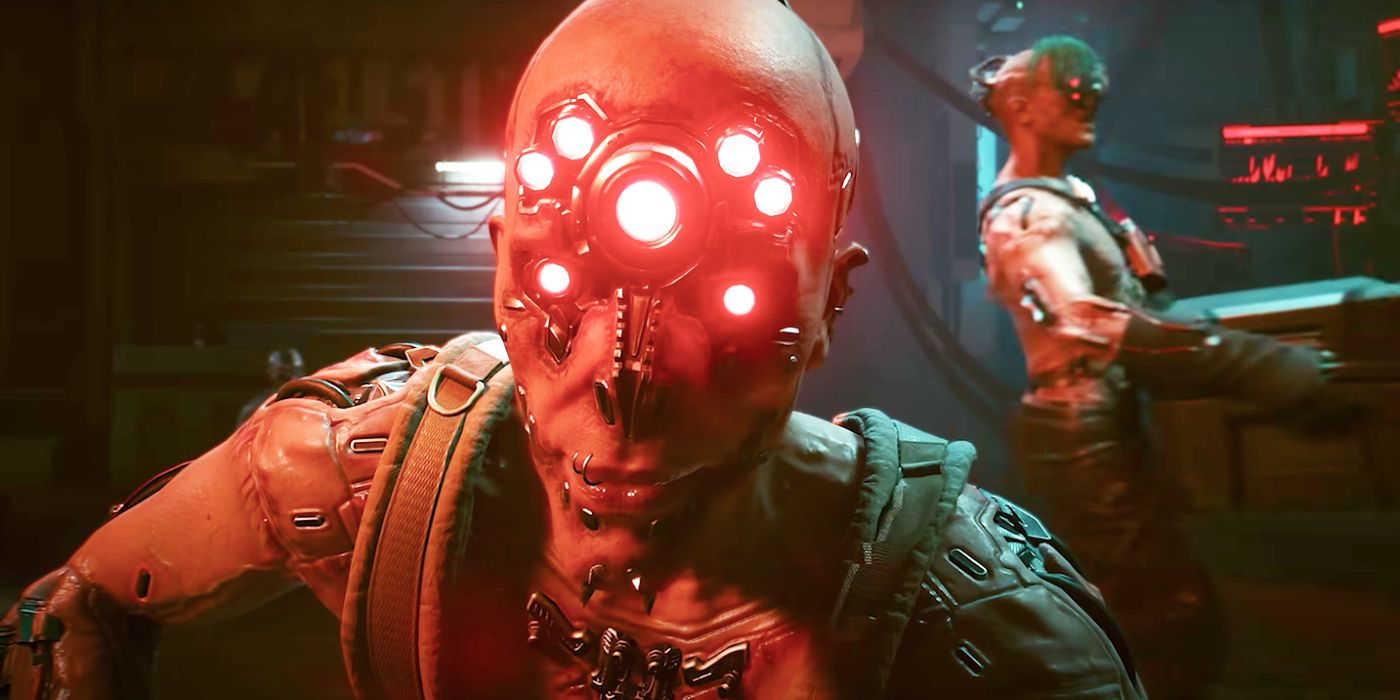 Cyberpunk 2077 Edgerunners update image. A figure with multiple robotic, glowing red eyes implanted into their face stares at the camera.