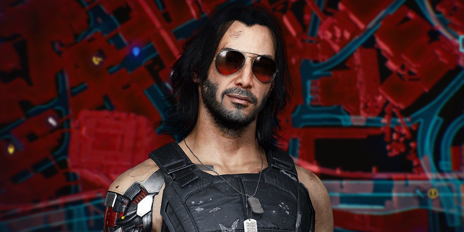 An image of Johnny Silverhand in Cyberpunk 2077 superimposed over a blurry picture of the game's map