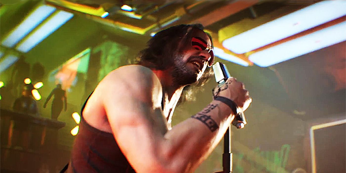 Cyberpunk 2077's Johnny Silverhand gripping a microphone and singing.
