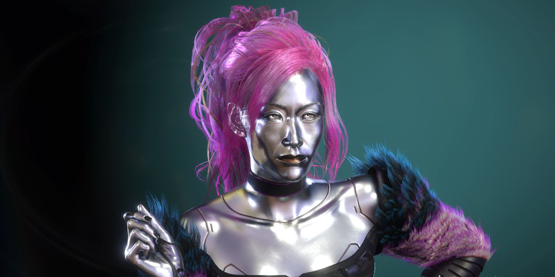 Concept art of Cyberpunk 2077's Lizzy Wizzy, holding her hand up in a sassy pose.