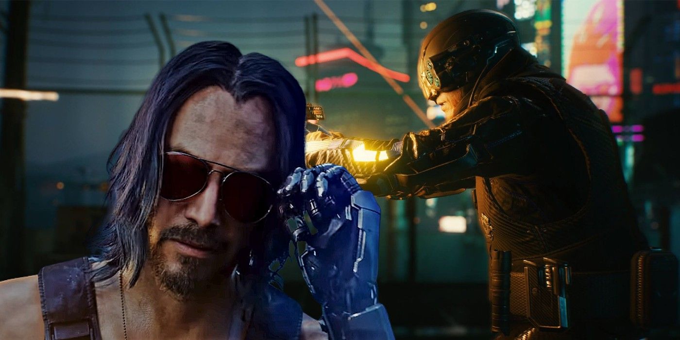 Cyberpunk 2077's Johnny Silverhand has a hand on his sunglasses while Arasaka soldiers fire in the background.