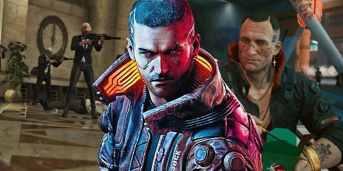 Jackie Wells from Cyberpunk 2077 lounges to one side, and characters from GTA 5 engage in a heist to the other.