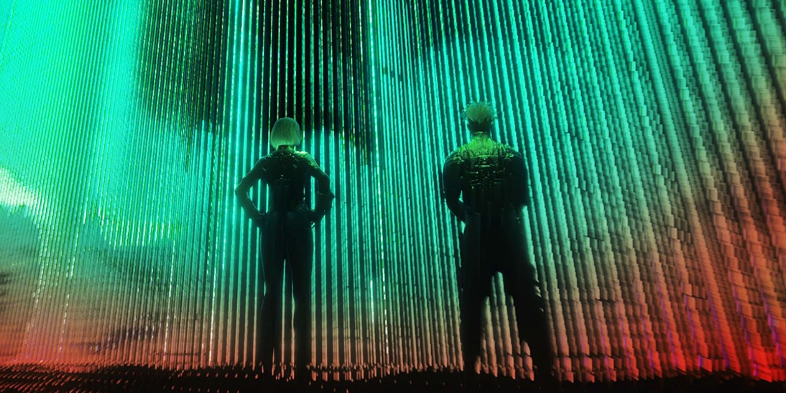Two netrunners stand in front of a firewall in Cyberpunk 2077.