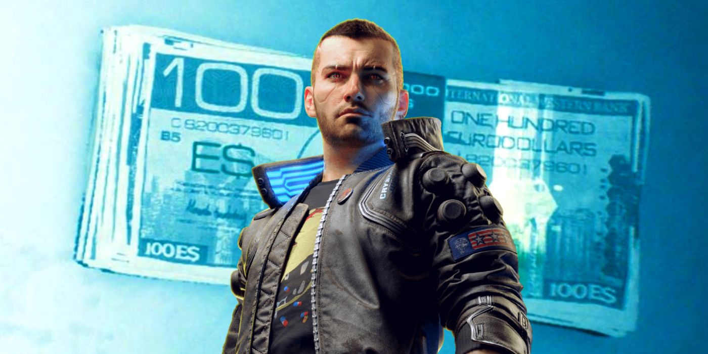 Cyberpunk 2077's default male V in front of a stack off 100 Eurodollar notes.