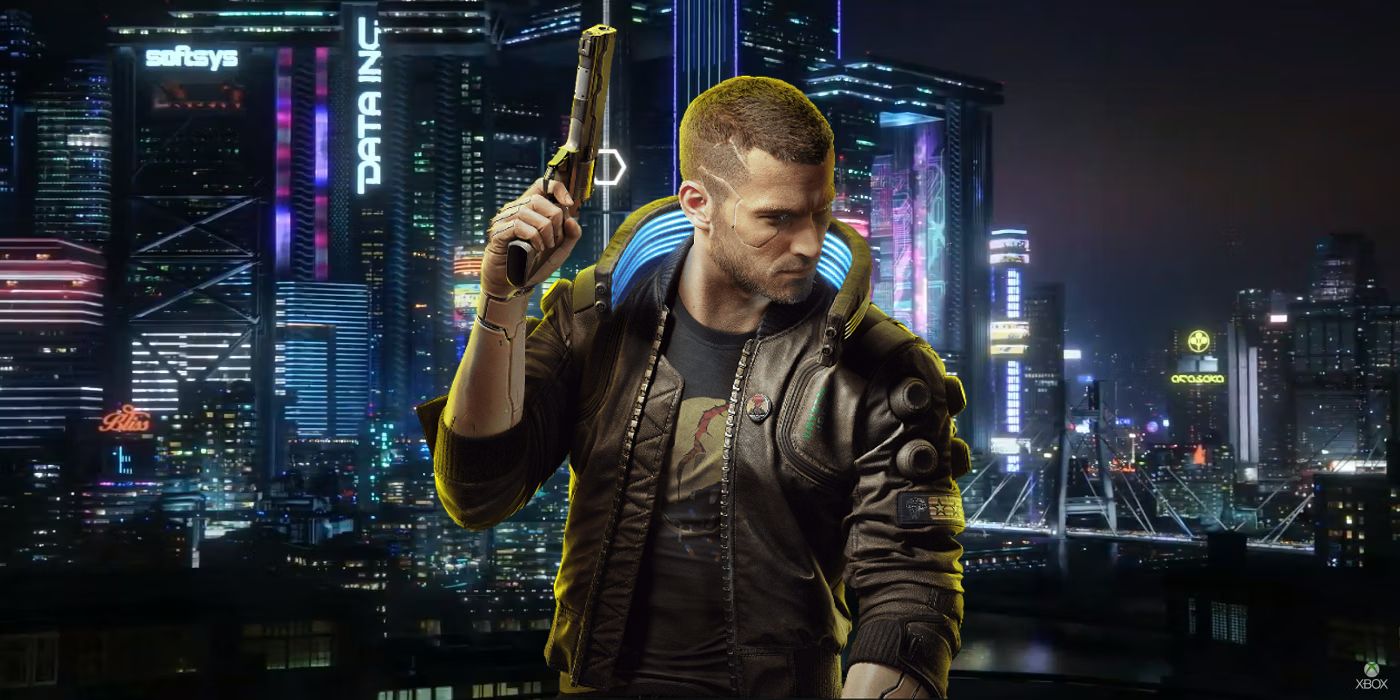 Cyberpunk 2077's V standing in front of Night City.