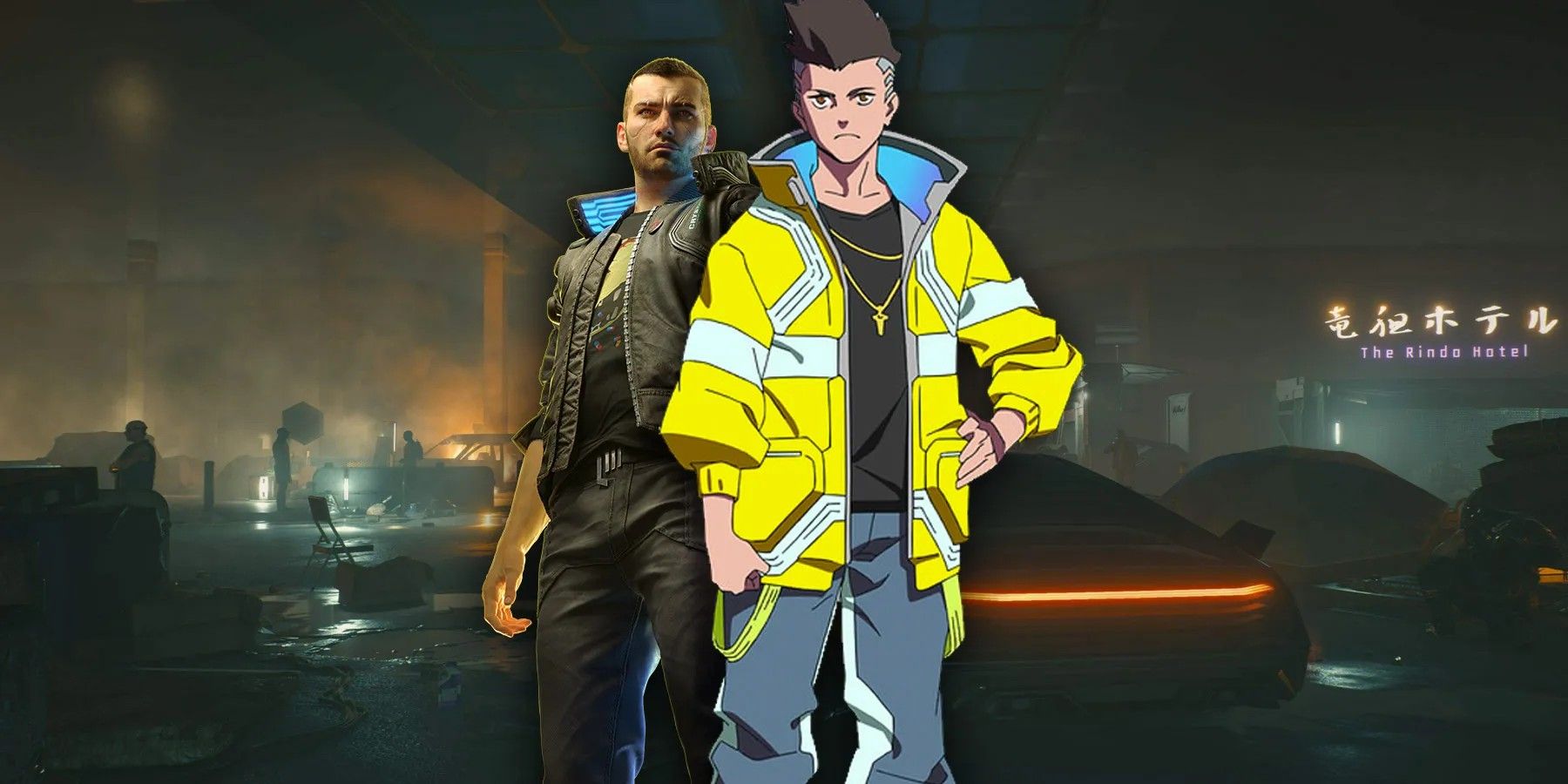 David Martinez from Cyberpunk Edgerunners standing next to V from Cyberpunk 2077 in front of a screenshot from the game