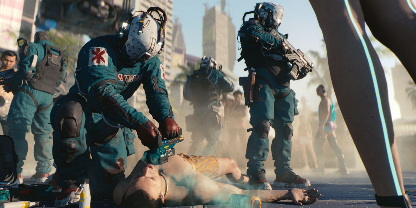 Medics in Cyberpunk 2077 attempt to revive a prone NPC. 