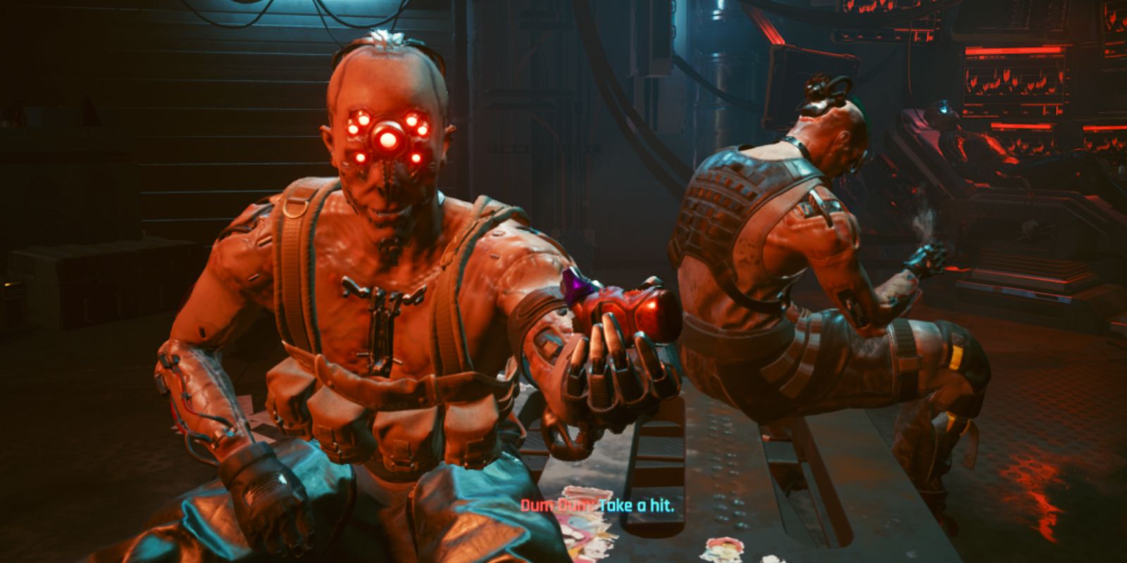 Cyberpunk 2077 NPC Dum Dum holds an inhaler out, offering the player to take a hit.